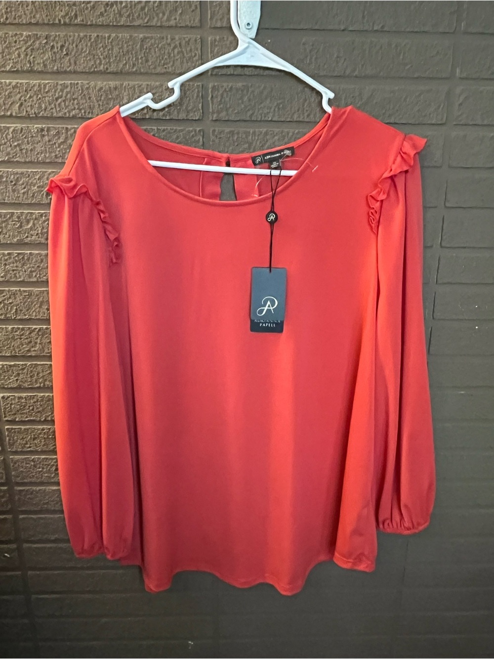 Adrianna Papell Coral Red Ruffle-Shoulder Long Sleeve Blouse